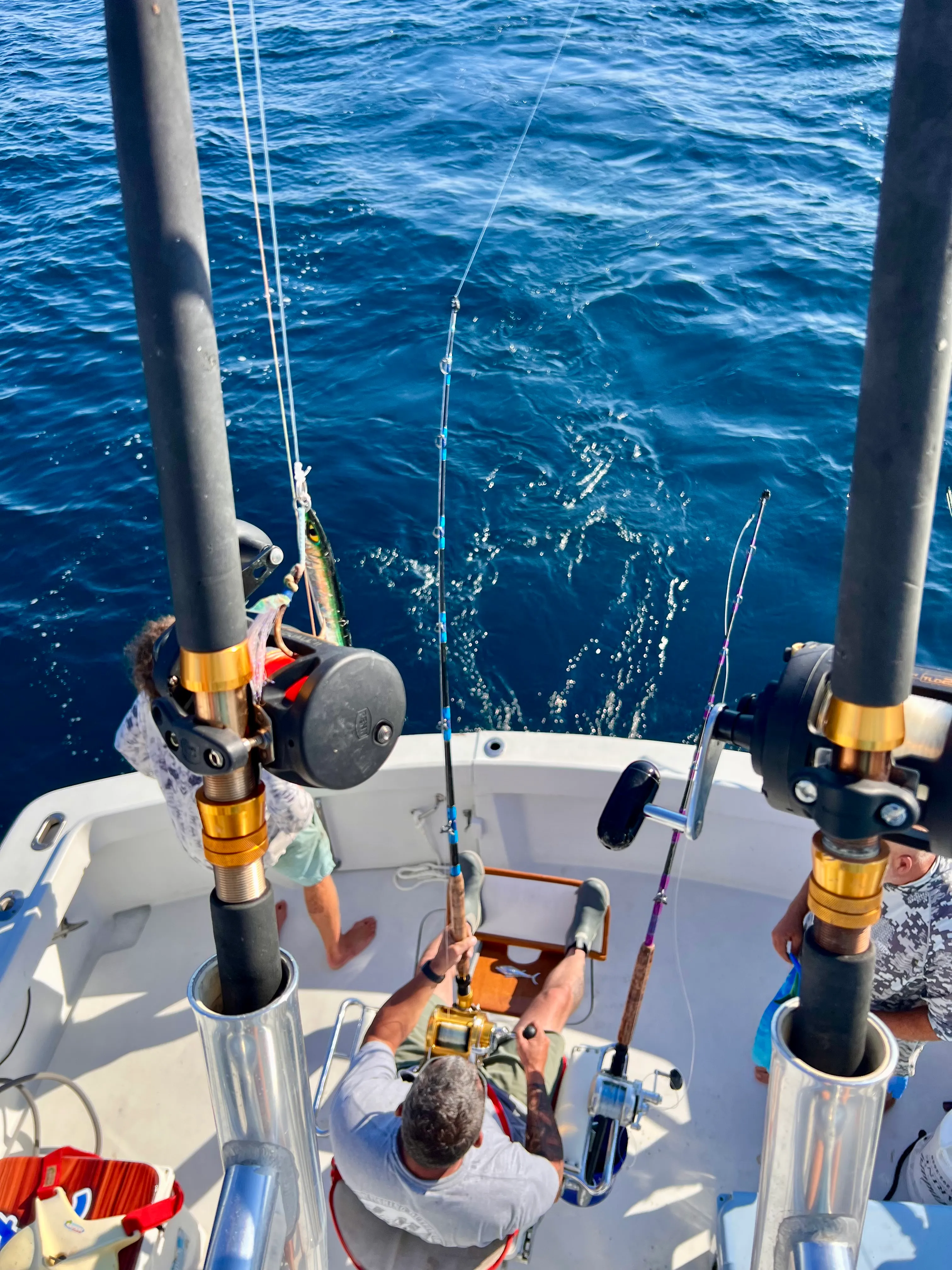 Angler fighting a big fish with heavy tackle aboard Deep South Charters in Orange Beach Alabama
