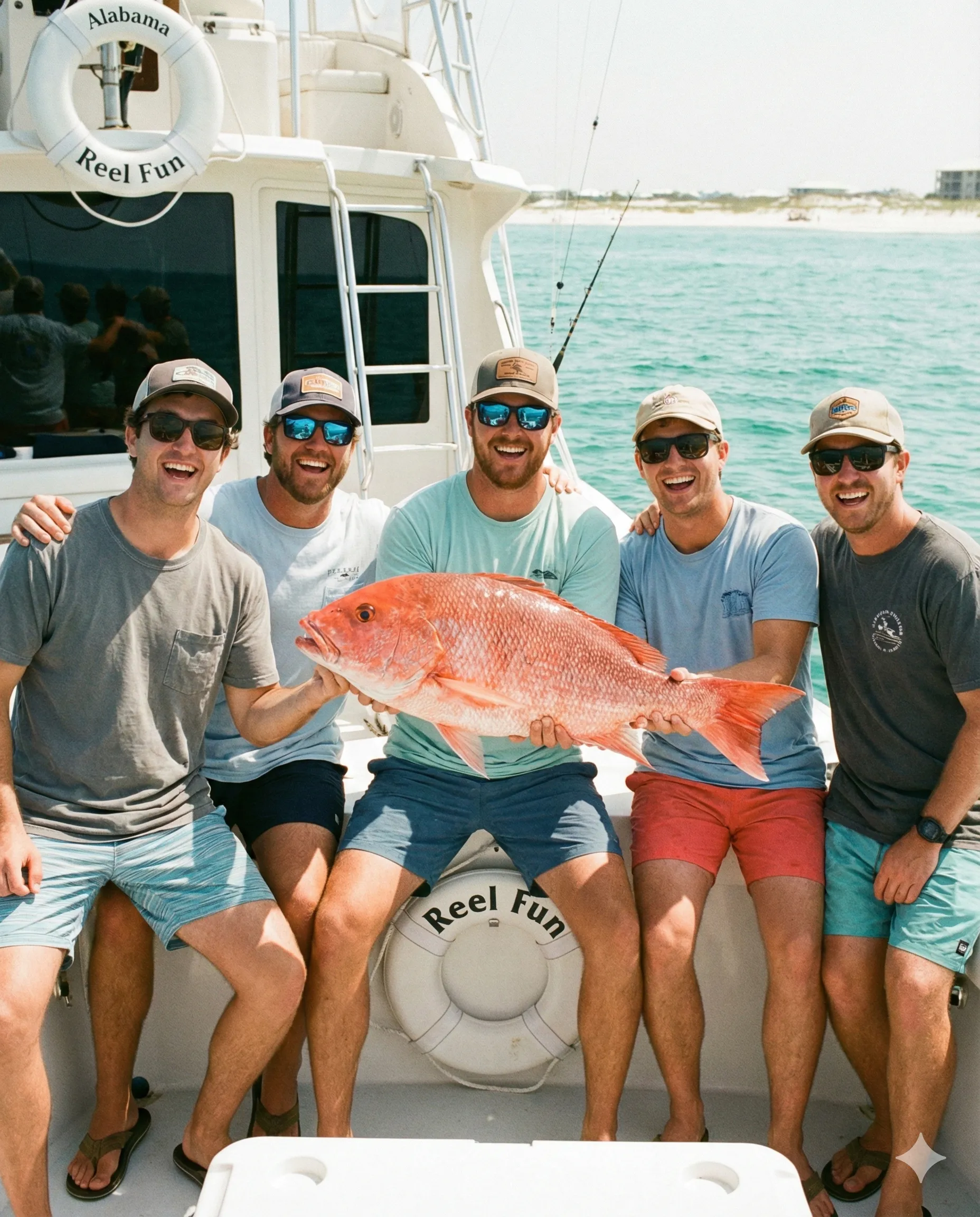 Happy group of anglers holding red snapper on Deep South Charters in Orange Beach Alabama